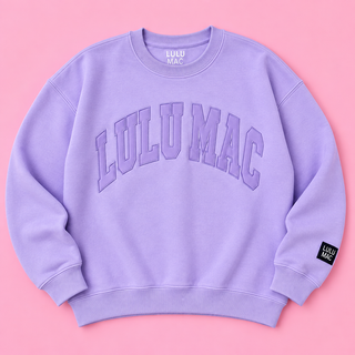 lavender purple crewneck sweatshirt with 'LULUMAC' printed in arched letters on the chest