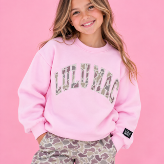 pastel pink color and bold collegiate-inspired LULU MAC lettering filled with a trendy camouflage pattern