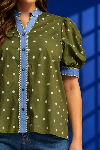 PLUS Olive Lane Contrast Trim Polka Dot Top