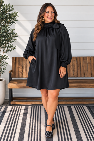 PLUS Boss Babe Satin Long Sleeve Bow Neck Mini Dress