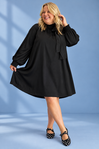 PLUS Boss Babe Satin Long Sleeve Bow Neck Mini Dress