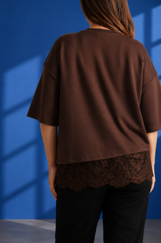PLUS Lace & Latte Asymmetrical Lace Hem Brown Top