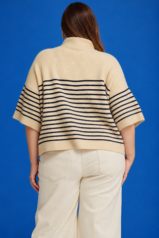 PLUS Alpine Escape Stripe High Neck Button Detail Knit Top