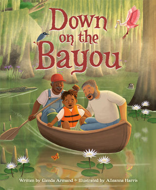 Book cover of 'Down on the Bayou' with two adults and a child in a boat on a bayou.