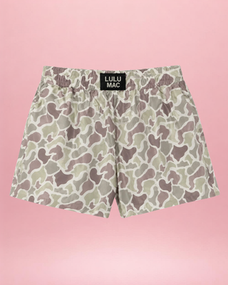camo Boxer Shorts featuring a lightweight woven fabric, elastic waistband, relaxed fit, and comfortable everyday style.
