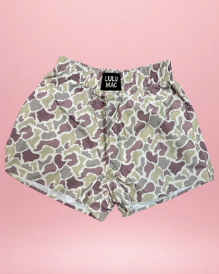 camo Boxer Shorts featuring a lightweight woven fabric, elastic waistband, relaxed fit, and comfortable everyday style.