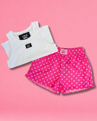 Polka Dot Boxer Shorts featuring a pink and white polka dot print, 100% cotton, elastic waistband, and relaxed fit.