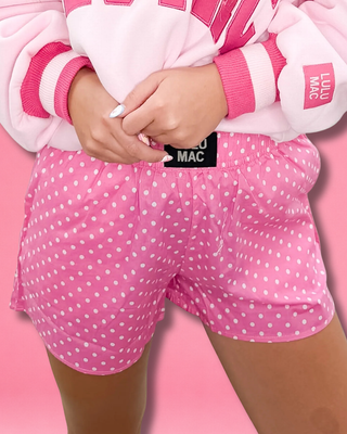 Polka Dot Boxer Shorts featuring a pink and white polka dot print, 100% cotton, elastic waistband, and relaxed fit.