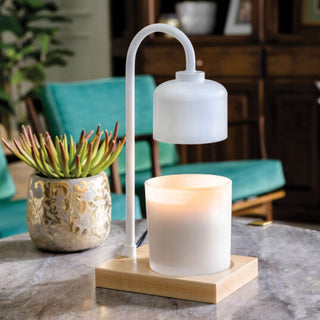 White LED candle light on a wooden base with a potted plant in the background