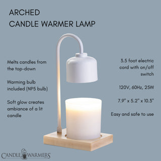 Arched candle warmer lamp with specifications on a light blue background