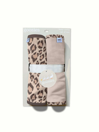 Two baby bummies in leopard print and beige packaging on a white background