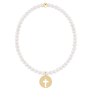 Pearl necklace with a gold cross pendant on a white background