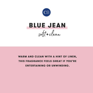 Advertisement for 'Blue Jean' fragrance with a pink background and CB logo.