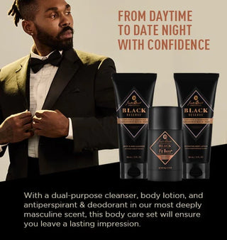 Man in a suit with Black Reserve body care products on a beige background