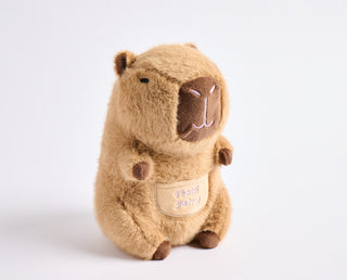 Capybara plush toy with a label on a white background