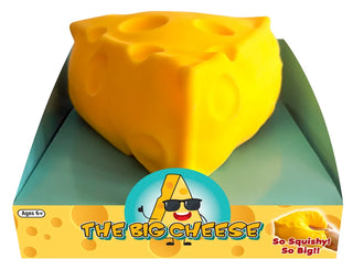 The Big Cheese Triangle Squishy held up against a solid blue background.  