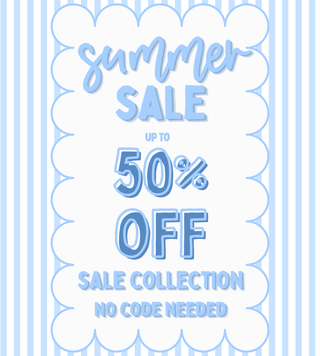 Summer sale advertisement with text 'summer sale up to 50% off sale collection no code needed' on a light blue background.