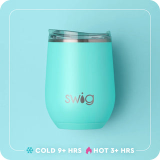 Turquoise Swig tumbler on a light blue background with temperature performance text.
