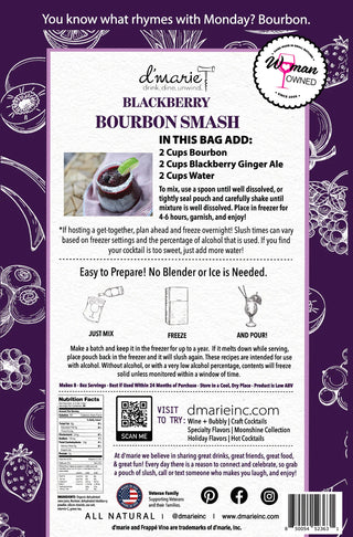 Back of a product packaging for d'marie Blackberry Bourbon Smash with text and graphics on a purple background.