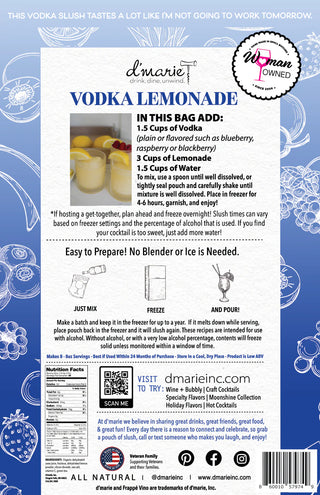 Vodka lemonade mix package with lemon and ice graphics on a blue background