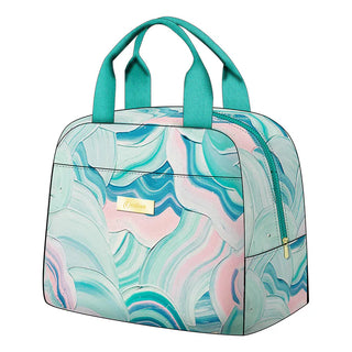 Marbled patterned handbag with teal handles on a white background