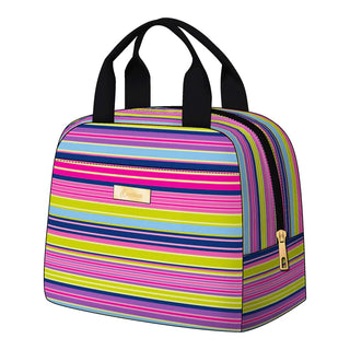 Colorful striped lunch bag with black handles on a white background