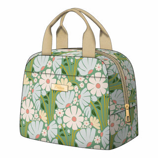 Floral patterned handbag with beige handles on a white background