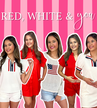 Five women in red, white, and blue outfits on a pink striped background with text 'Red, White & You'.