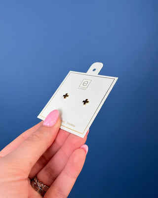 Enewton Gold Cross Stud Earrings featuring polished 14kt gold-filled cross studs displayed on an Enewton jewelry card.