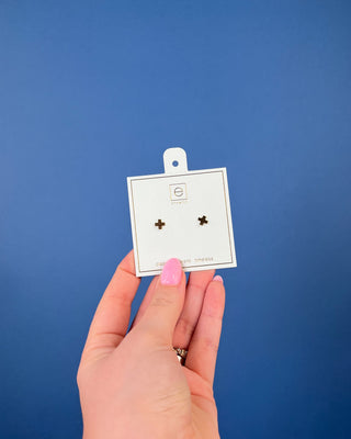 Enewton Gold Cross Stud Earrings featuring polished 14kt gold-filled cross studs displayed on an Enewton jewelry card.