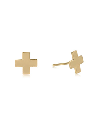 Enewton Gold Cross Stud Earrings featuring polished 14kt gold-filled cross studs displayed on an Enewton jewelry card.
