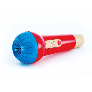 Red and blue toy microphone on a white background