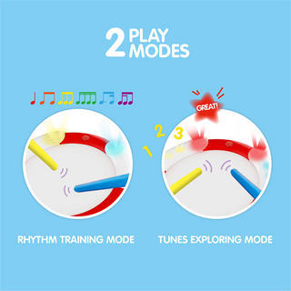 Two modes of a musical instrument with colorful icons on a blue background