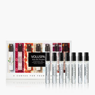 Set of Voluspa eau de parfum samples with packaging on a white background