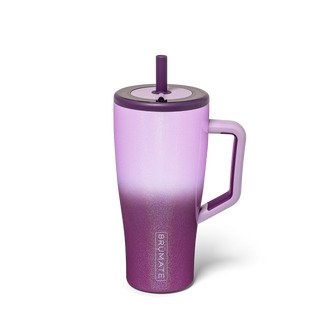 Purple tumbler with handle and straw lid on a white background
