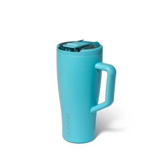Turquoise travel mug with handle on a white background