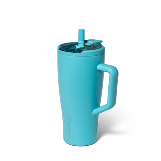Turquoise tumbler with handle and straw lid on a white background