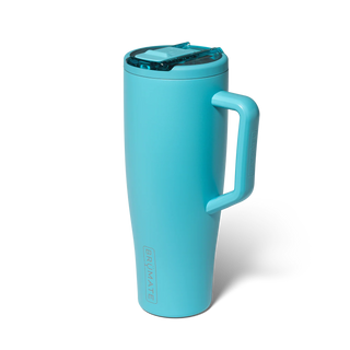 Turquoise travel mug with handle on a white background