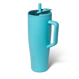 Turquoise tumbler with handle and straw lid on a white background