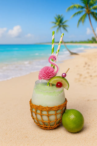 Tropical drink with a flamingo straw on a sandy beach with palm trees and ocean in the background