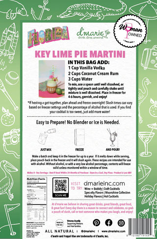 Key Lime Pie Martini mix packaging with recipe and branding details on a green background