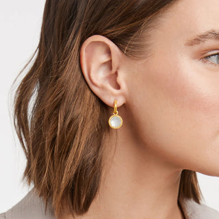 Close-up of a woman wearing gold earrings with a light-colored stone on a neutral background