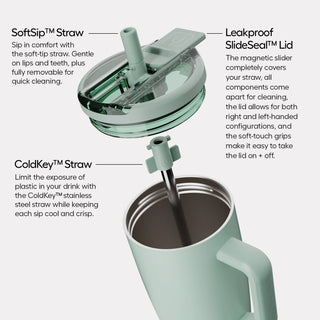 Teal mug with SoftSip straw, Leakproof SlideSeal lid, and ColdKey straw on a white background.
