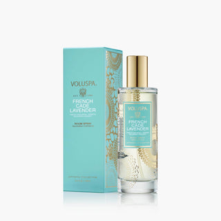 Voluspa French Cade Lavender room spray with packaging on a white background