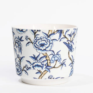 Ceramic planter with blue floral design on a white background