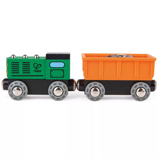 Toy train with green engine and orange cargo car on a white background