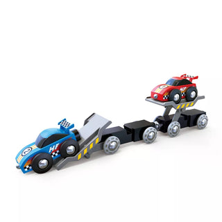 Toy set with a blue racing car and a red car on a white background