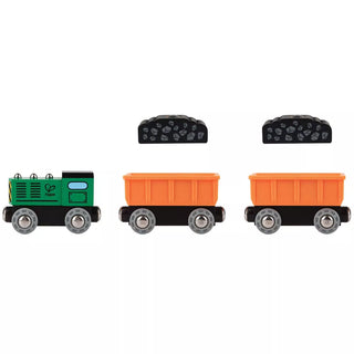 Toy train set with a green engine and two orange cargo cars on a white background