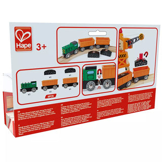 Hape toy construction set packaging with toy illustrations and branding.