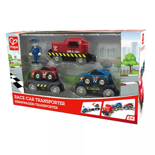 Hape Race Car Transporter toy set packaging with toy cars and figure on a white background